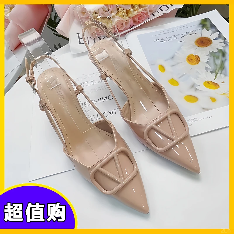 性感高跟鞋2025新款凉鞋女夏女鞋子裸色尖头细跟V扣单鞋法式后空