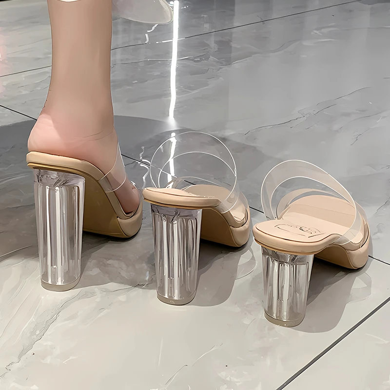 透明款外穿凉拖女时尚百搭高跟鞋2025夏季新款拖鞋水晶跟女鞋粗跟