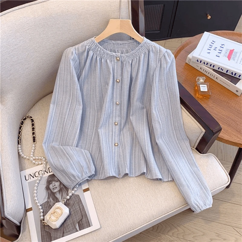 法式复古条纹长袖衬衫女夏季2024早秋百搭单排扣宽松衬