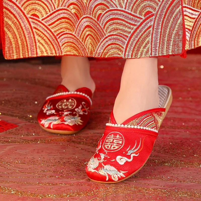 结婚拖鞋民族风新婚包头居家新娘陪嫁喜庆绣花红色秀禾古风婚鞋女