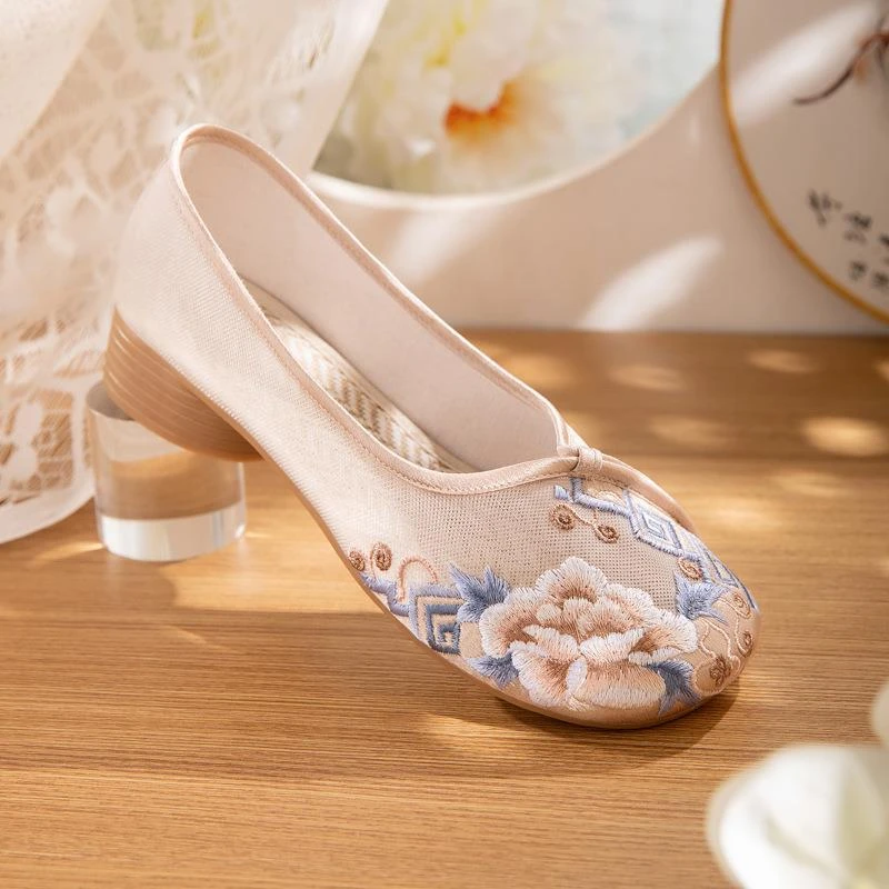 民族风绣花鞋女古风网纱透气舒适软底单鞋茶艺旗袍夏季老北京布鞋