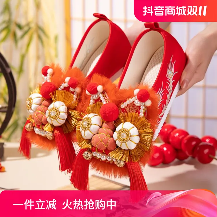 古风汉服鞋子新年贺岁红色增高绣花鞋居家外穿国风成人可爱虎头鞋