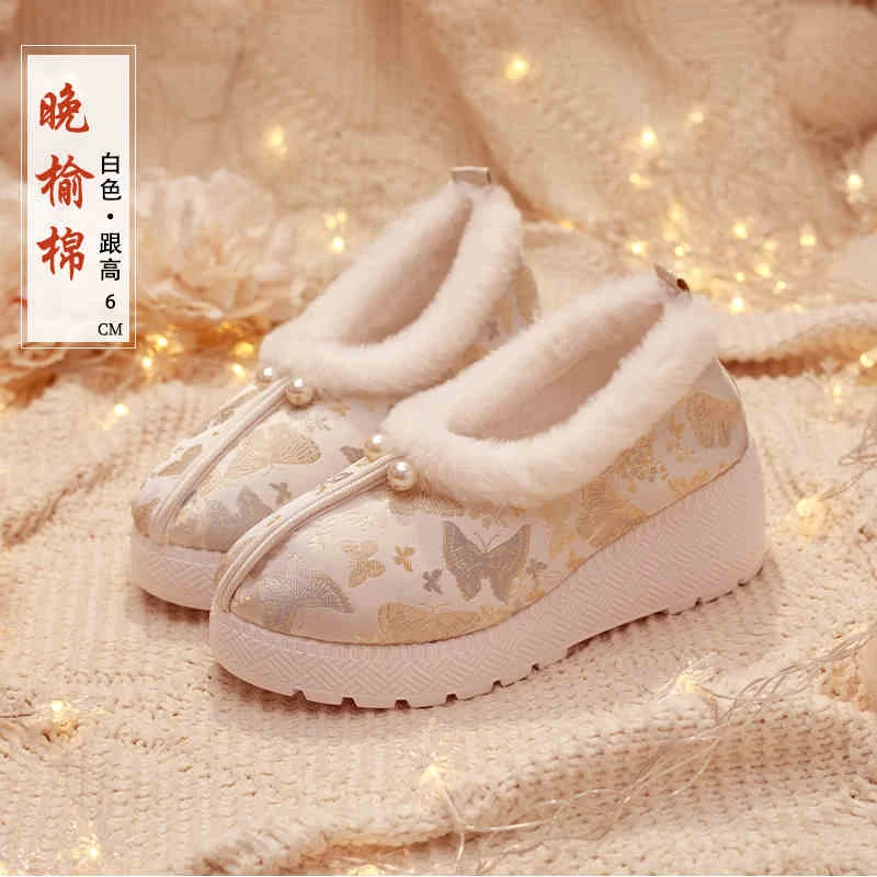 中式秋冬国风织金面料绣花鞋加绒小白鞋厚底增高布鞋女鞋百搭旗袍