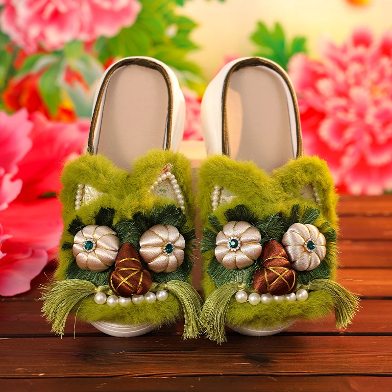 新款原创虎头鞋女增高厚底半拖虎头绣花鞋DIY手工刺绣民族风女鞋