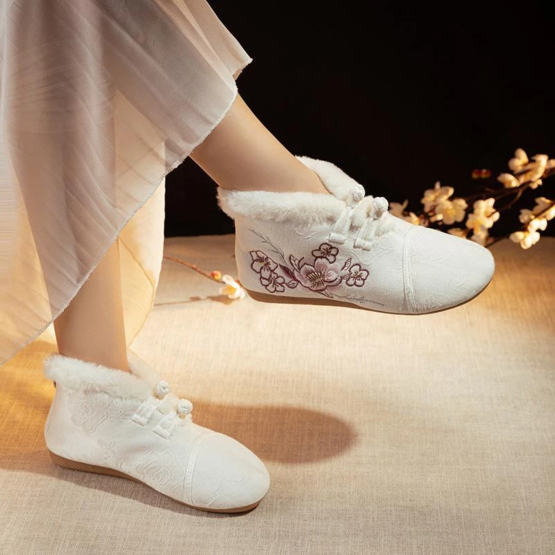 汉服鞋子古风棉鞋女冬季加绒短靴中式布鞋禅意国风旗袍鞋绣花鞋冬