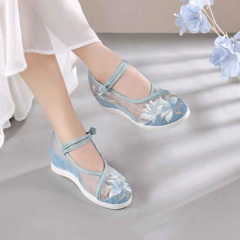 国风透气汉元素凉鞋中式网纱透气绣花鞋女坡跟内增高古风汉服鞋子