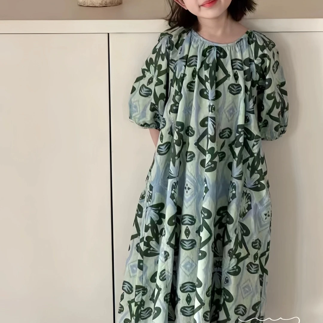 KIKIAND 2024新款儿童时尚亲子碎花显瘦气质休闲夏季中长款连衣裙