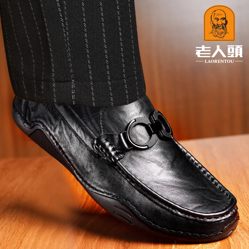 老人头休闲皮鞋男真皮软皮豆豆鞋春秋新款软底韩版一脚蹬乐福鞋潮