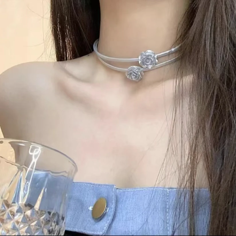 钨合金皮质项链 非金属皮质项链简约玫瑰银色冷淡风锁骨链小众