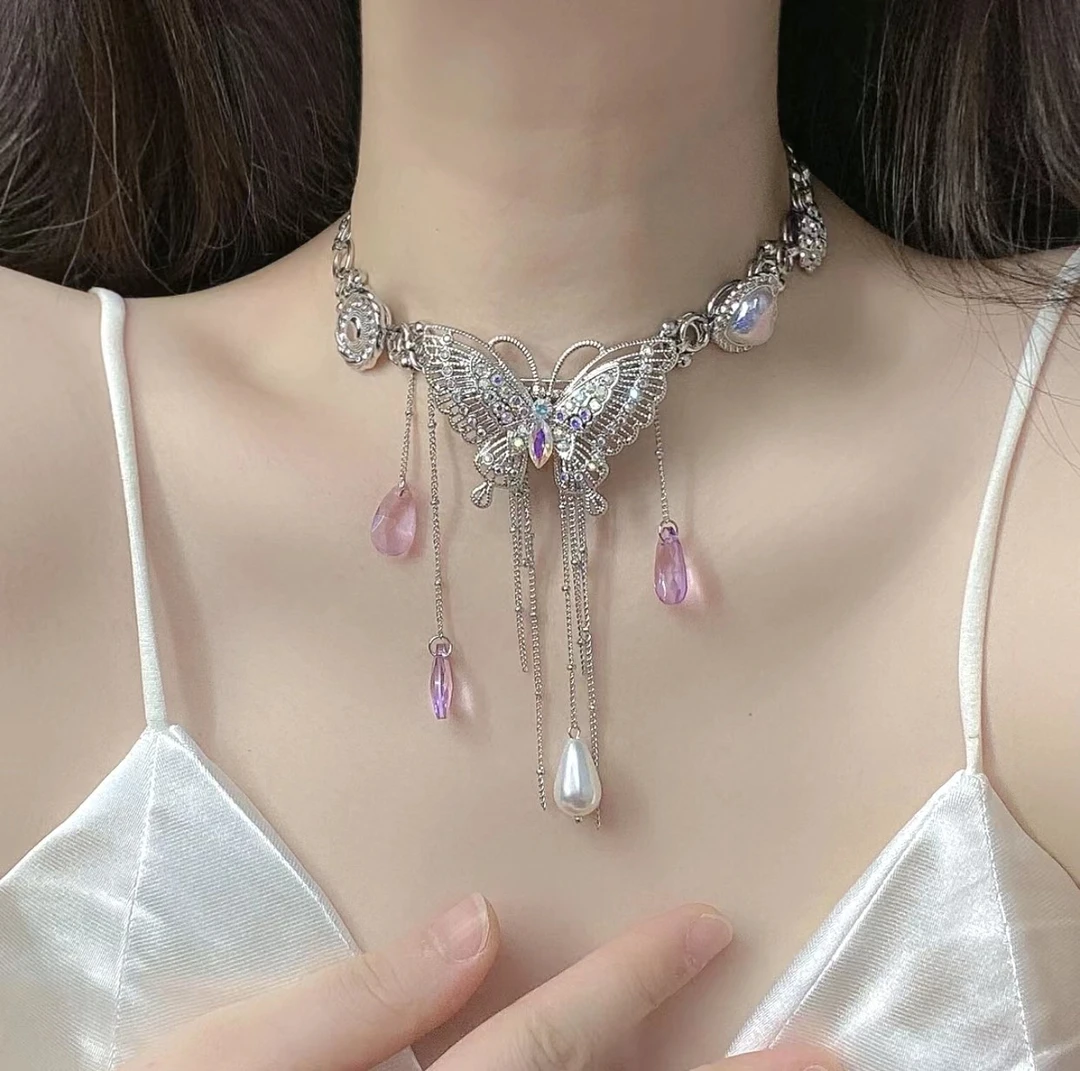 钛钢项链 轻奢复古卡帝美学新款蝴蝶尼古多拉辣妹多层流苏项链