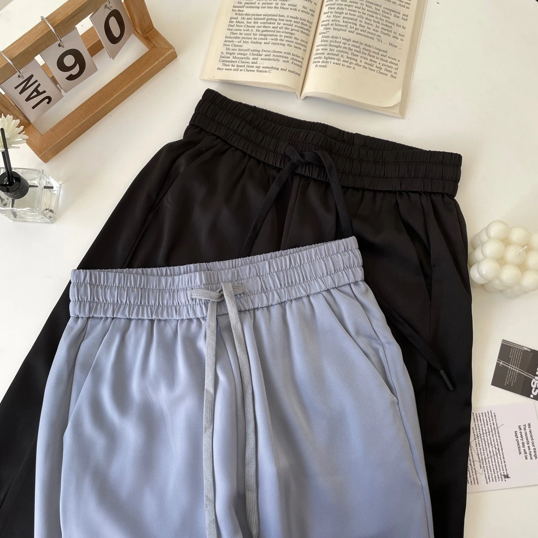A4993春秋新款高货缎面光泽透气松紧腰运动裤束脚裤长裤