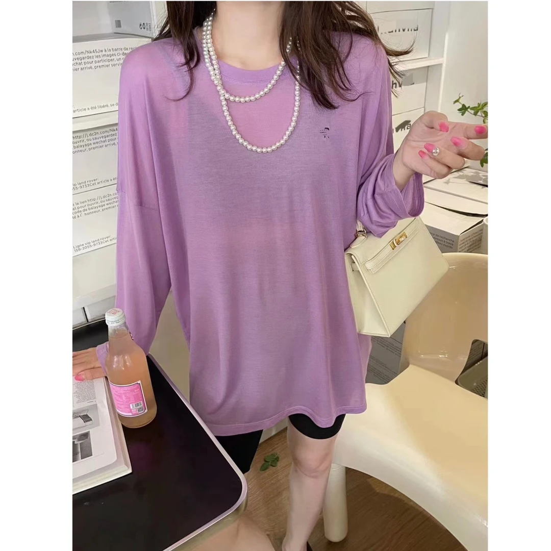 W00583夏季长袖T恤字母刺绣面膜质感丝滑弹力防晒衣女