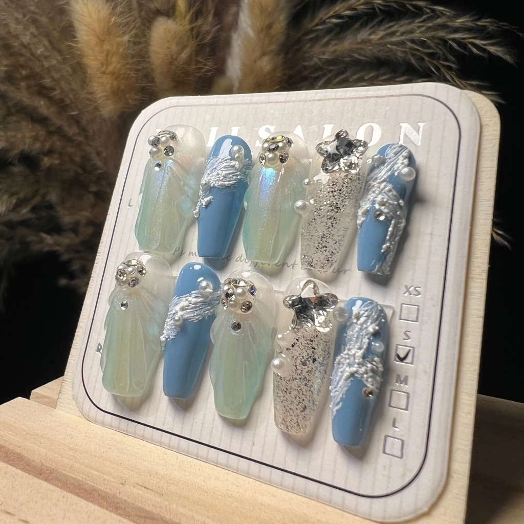 【海的女儿】网红爆款/存手工穿戴甲/中梯甲型穿戴式蓝色时尚气质