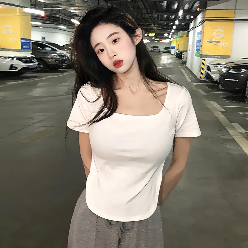 短袖T恤女夏2023新款韩版修身显瘦休闲打底小众少女纯欲辣妹上衣
