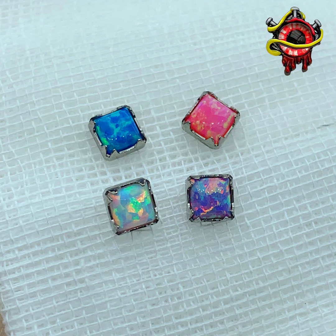 合金耳饰 哈尼穿刺饰品 钛合金包边方形澳宝耳钉唇钉内螺纹0.9牙