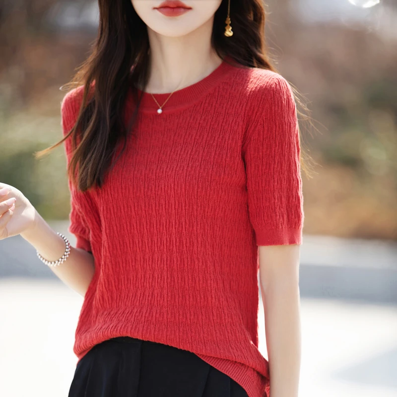 夏季100%纯棉圆领短袖时尚显瘦宽松休闲套头大码针织衫丁达尔穿搭