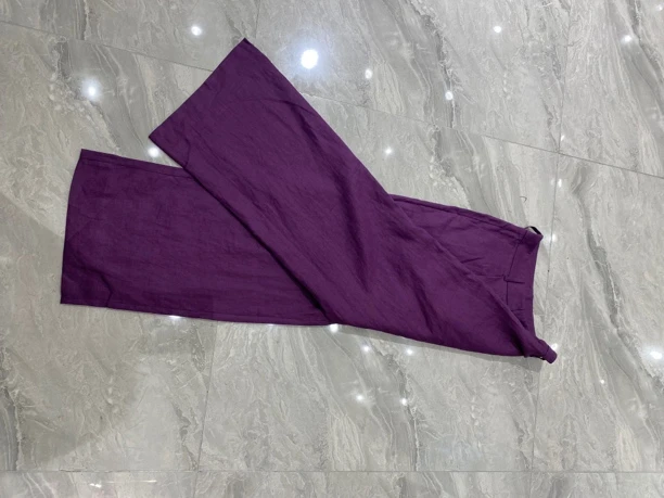 女款时尚修身休闲麻料女裤百搭裤子紫色纯色女士阔腿阔腿裤直筒