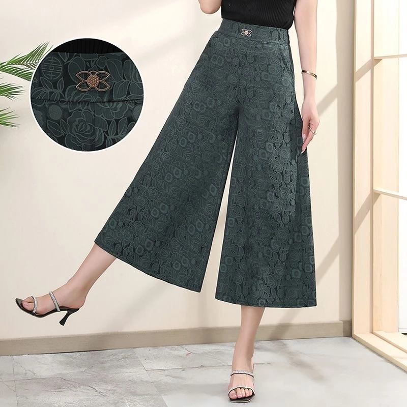高档夏季新款提花阔腿裤女高腰时尚洋气松紧九分裤薄款大码显瘦潮