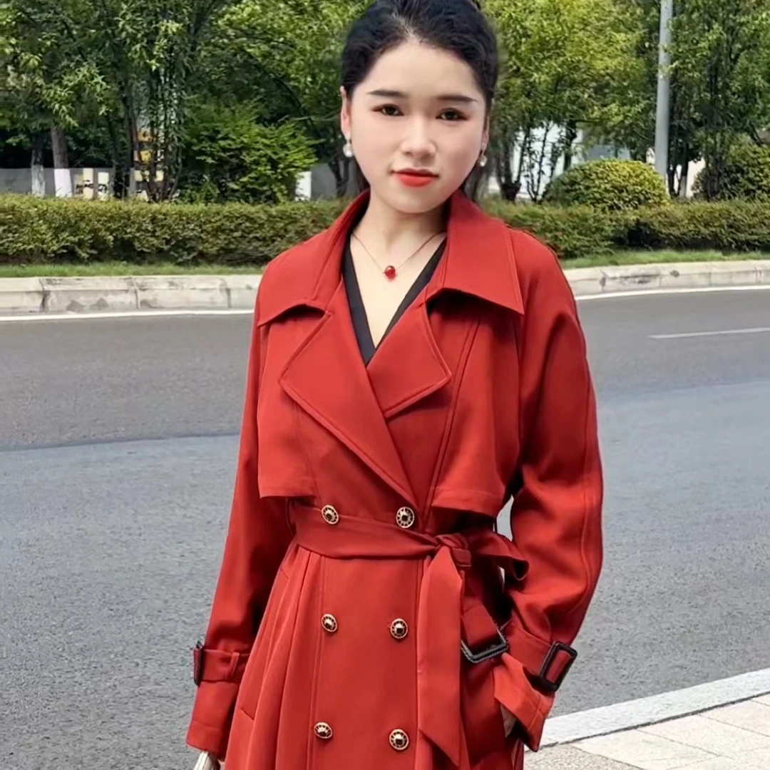 秋季复古红色风衣双排扣大衣红风衣气质女神范中长款