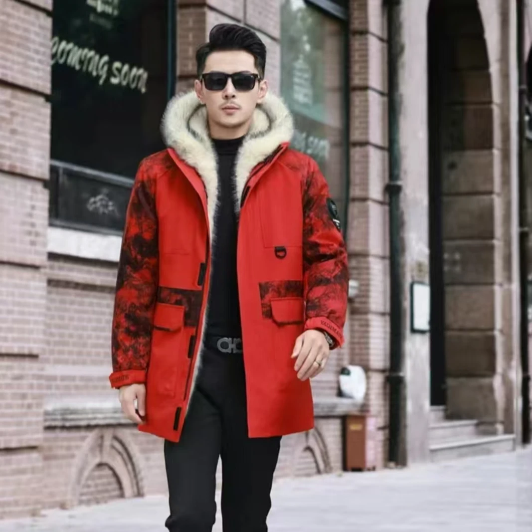 海宁新款派克服男女同款秋冬中长款内胆可拆卸十字貂皮草外套加厚