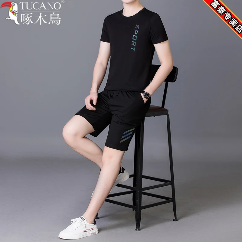 啄木鸟2024夏季冰丝短袖短裤运动套装男士时尚休闲跑步健身两件套