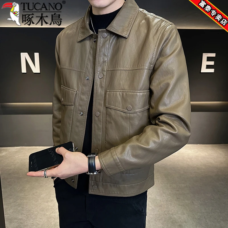 啄木鸟高端男士皮衣外套秋冬季新款痞帅潮牌加厚机车服皮夹克男装
