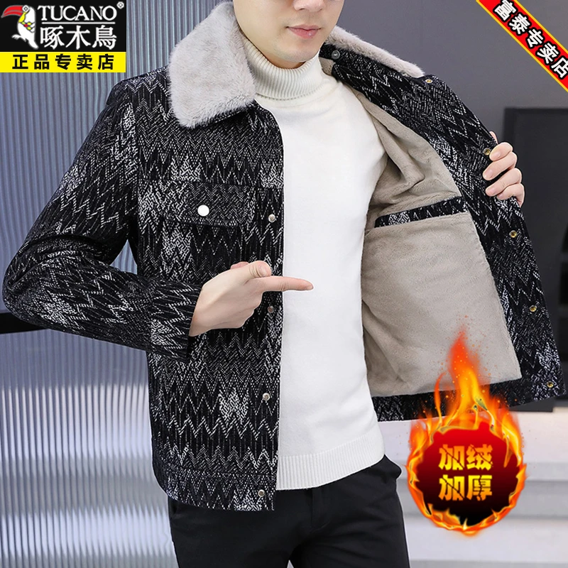 啄木鸟男士毛呢外套2024秋冬季潮流休闲痞帅短款修身加厚呢子夹克