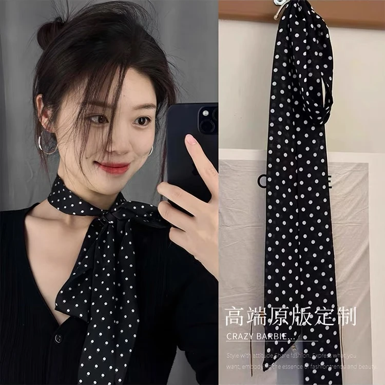 黑色波点丝巾轻奢高档小方巾女系脖发带秋季新款百搭时尚搭配衬衫