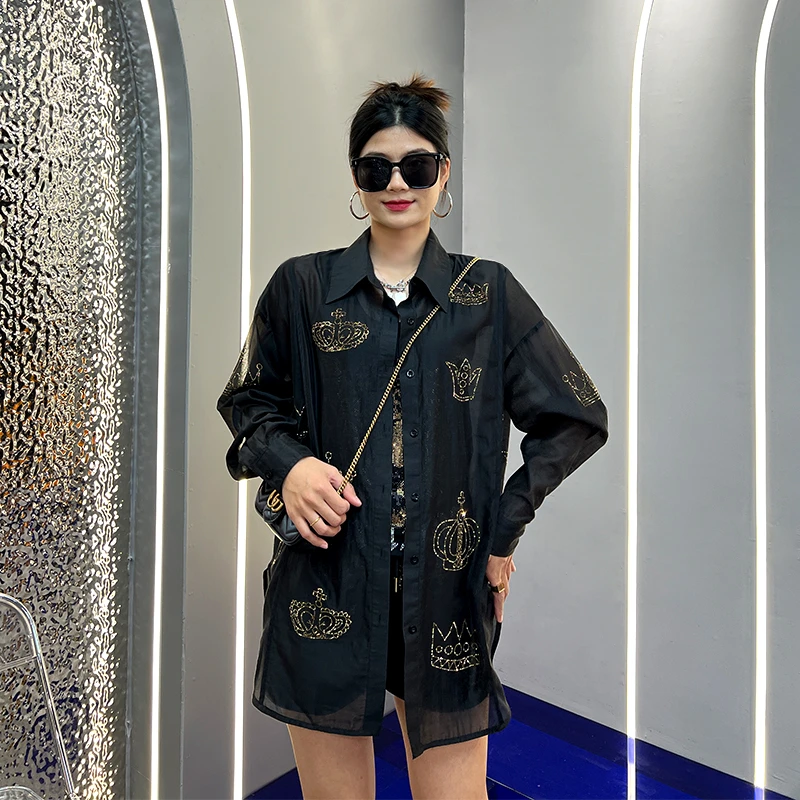 拼接高级感外穿衬衫防晒外套女士高端烫钻衬衣绣花设计慵懒风上衣