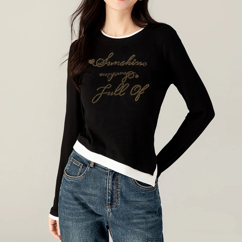 烫钻假两件长袖t恤打底衫女秋新款叠穿撞色别致小衫内搭ins上衣