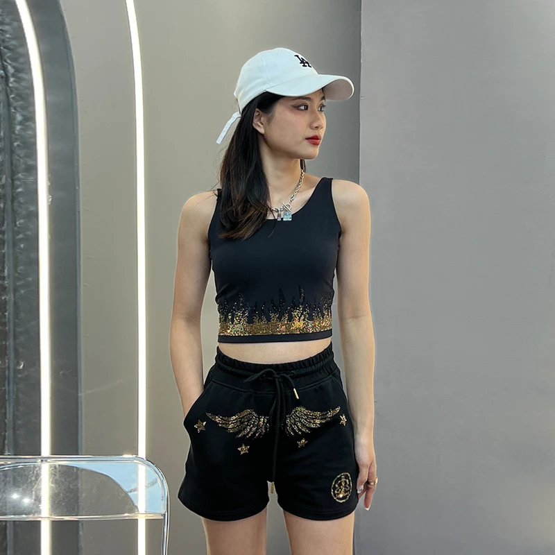 2023新款轻奢烫钻重工艺运动吊带背心高领防走光瑜伽健身美背女