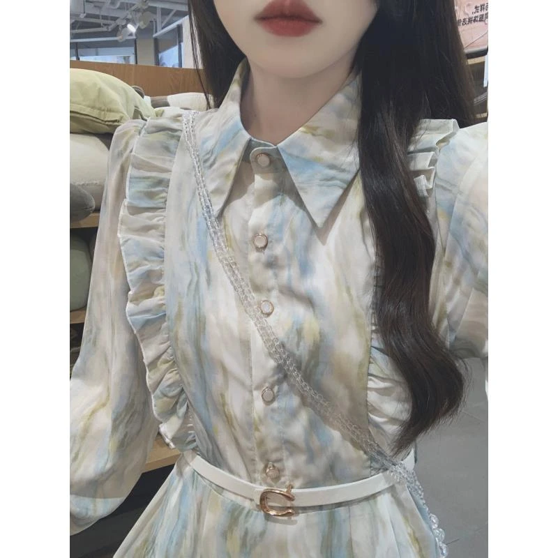 苏陌连衣裙女秋季气质时尚印花收腰法式小众中长裙泡泡袖碎花裙子