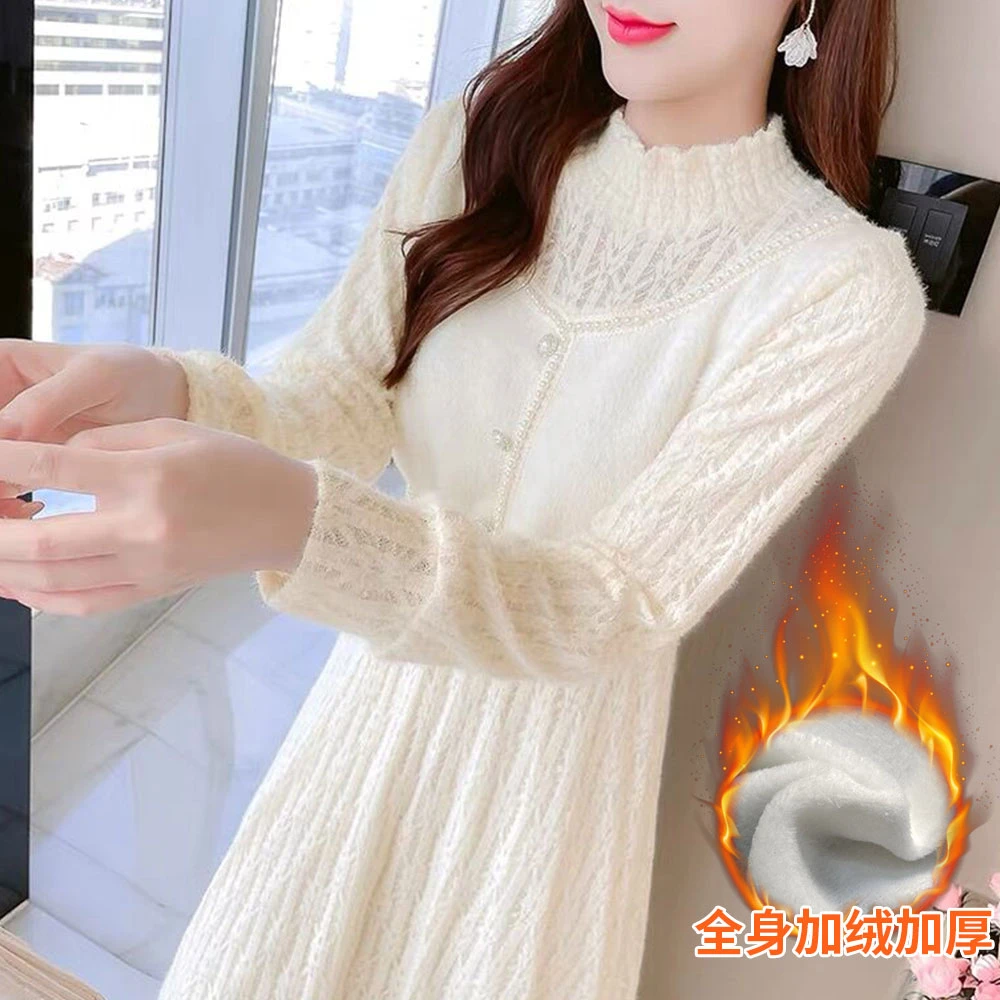 清加绒加厚连衣裙冬季韩版时尚长袖打底裙洋气显瘦气质保暖裙女
