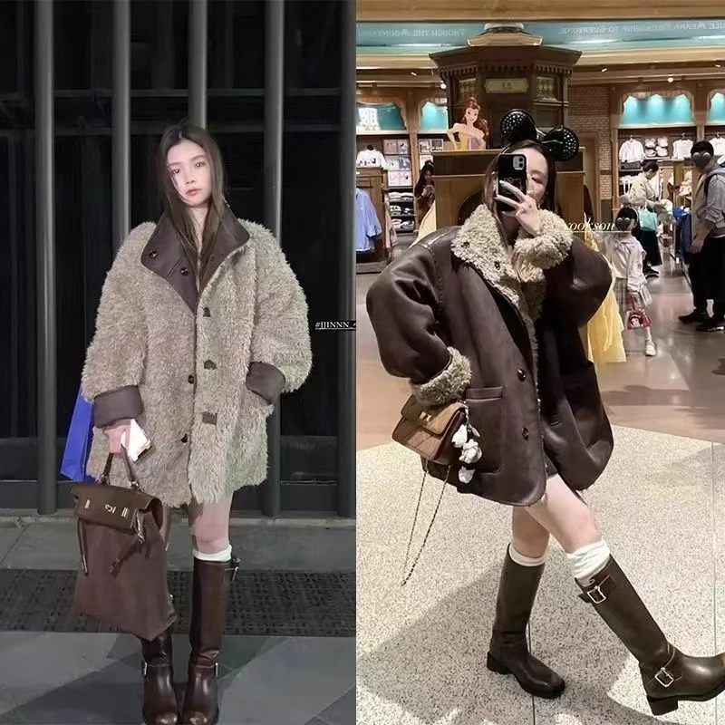 法式设计感两面穿敲重工皮毛一体机车服外套女冬加厚保暖宽松新款