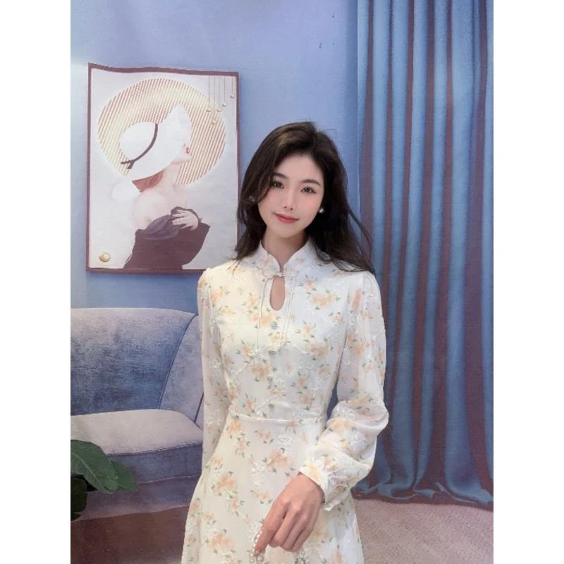 清新中式收腰气质超仙2024年新款春秋季长袖温柔风年轻款连衣裙清