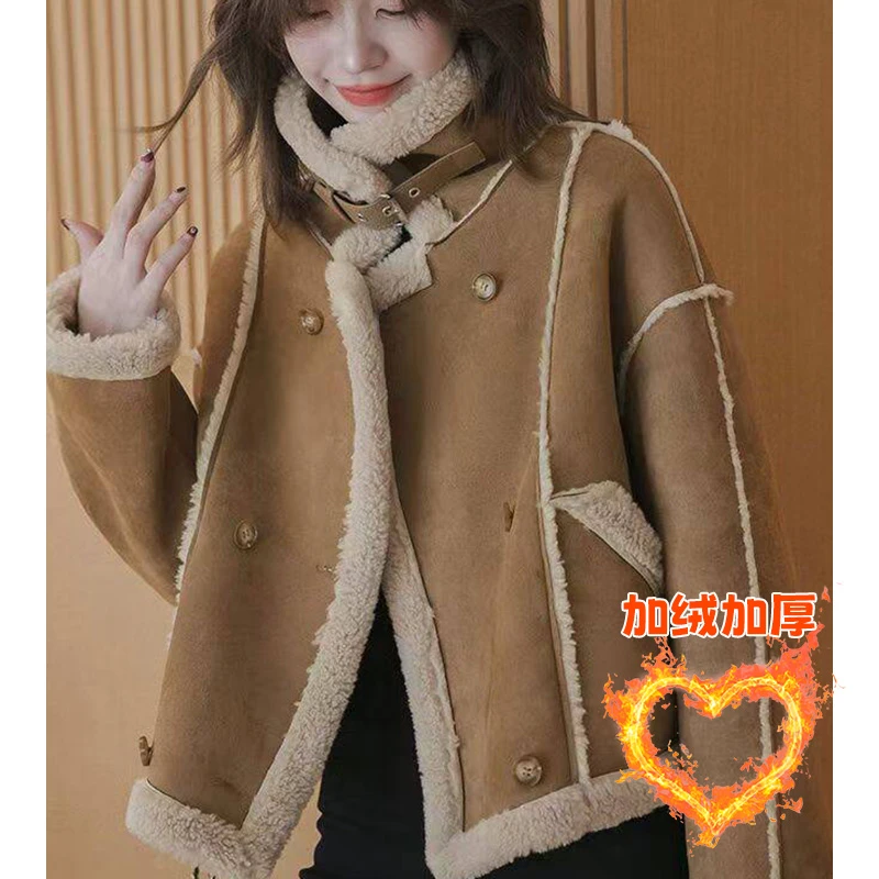 韩版小个子百搭时尚秋冬仿皮毛一体外套女冬季机车加厚短款棉服