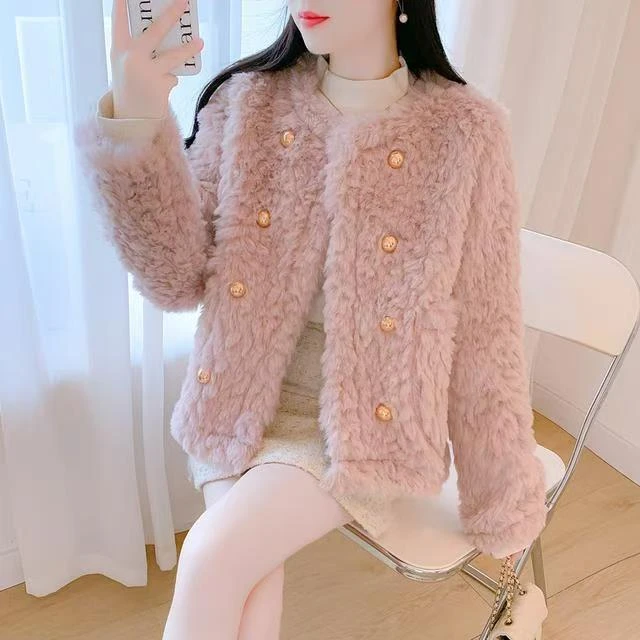 法式气质小香风流行名媛粉色毛绒绒外套女温柔时尚百搭上衣