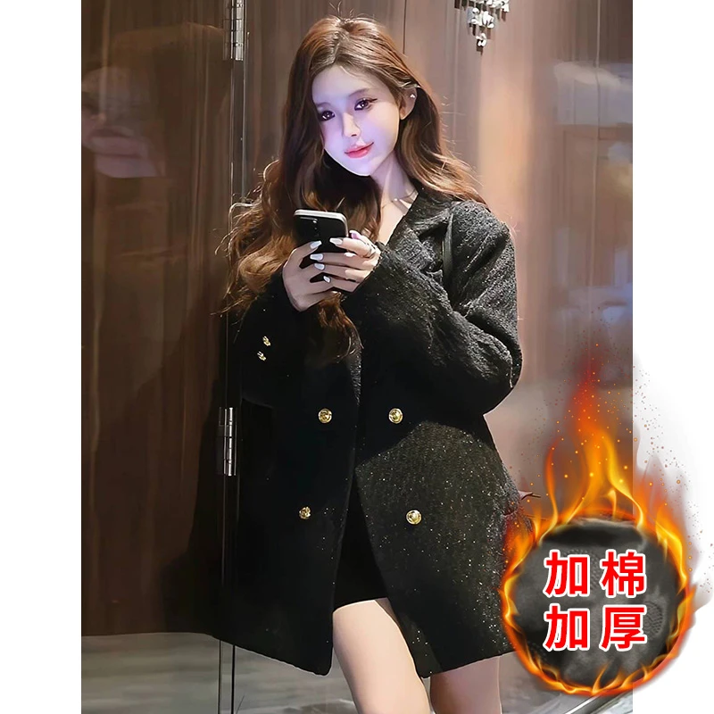 高品质高档亮丝气质法式赫本风新款黑色高级感双排金扣西装外套衣