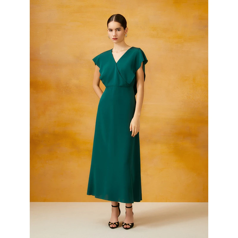 Song of Song歌中歌绿桑蚕丝V领设计优雅连衣裙5C34205120