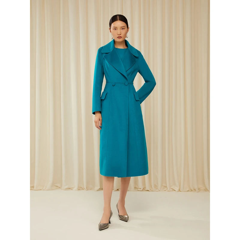 Song of Song歌中歌23冬孔雀蓝大翻领水波纹大衣5C33580040