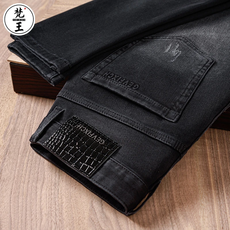 7603#梵王牛仔裤男士春秋新款烟灰色修身小直筒轻奢欧版休闲长裤