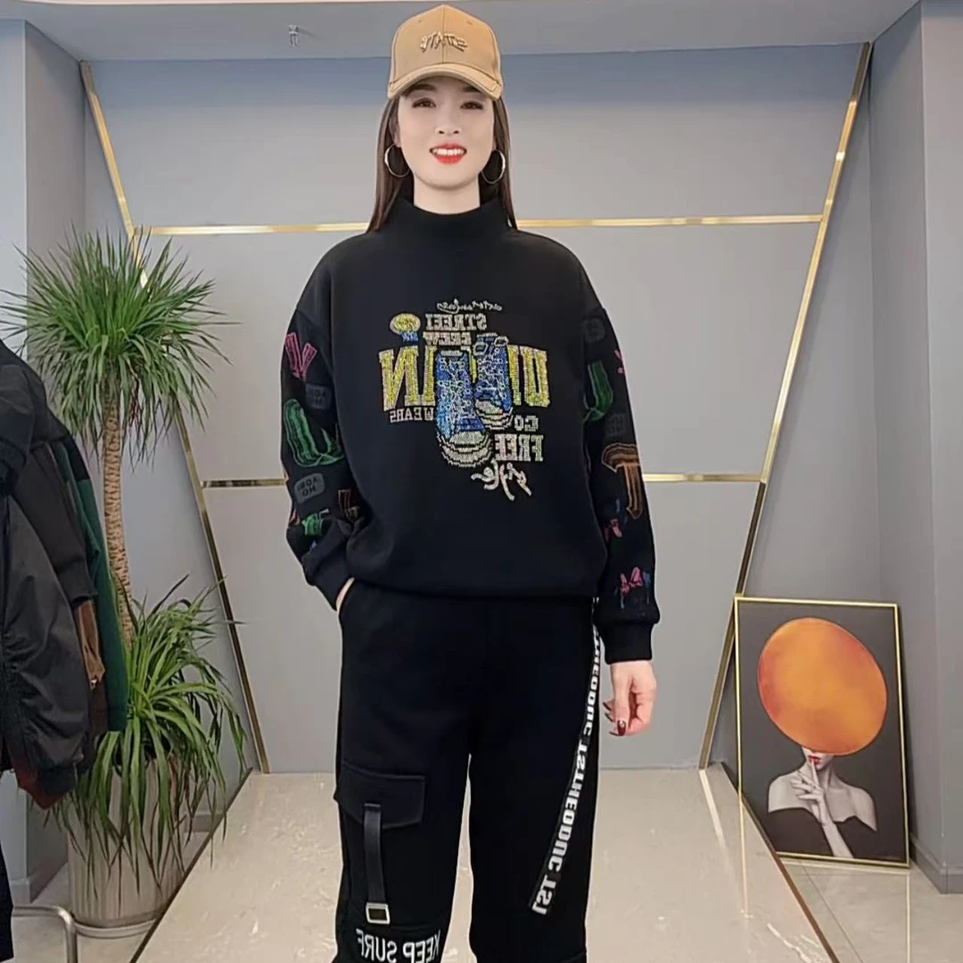 shishu/拾束冬季新款女士个性气质显瘦烫钻百搭加绒卫衣CY6713