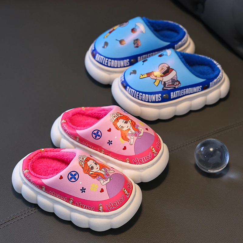 儿童棉拖鞋冬季公主加绒加厚面皮防水防滑软底卡通男女宝宝亲子鞋