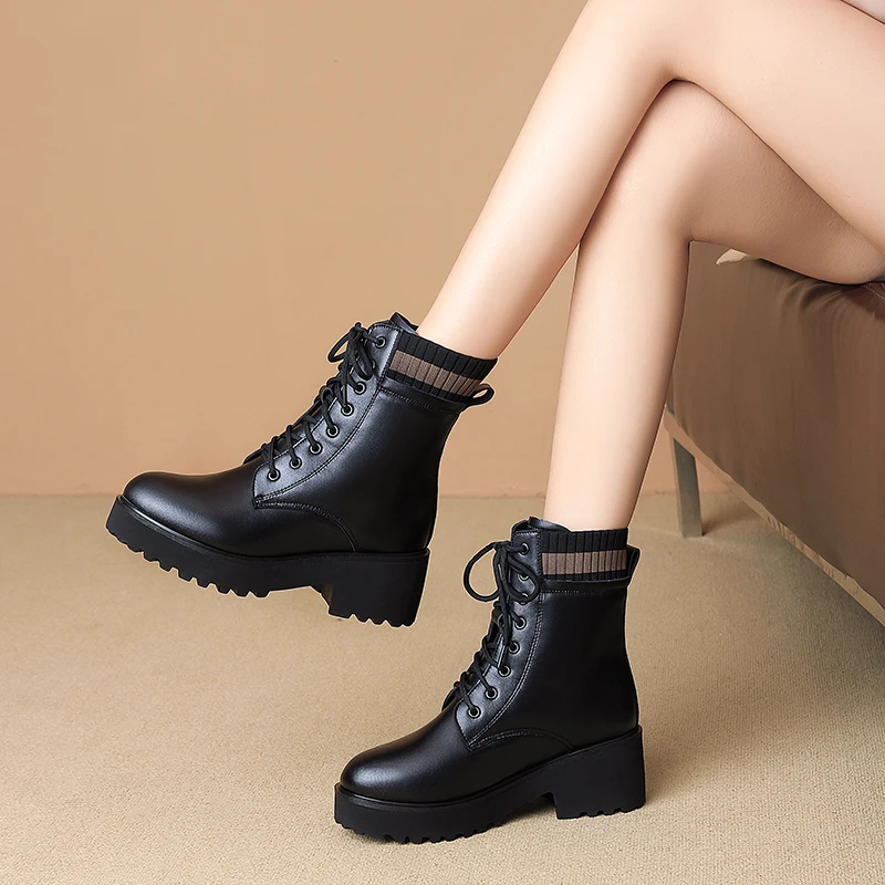 蓝色恋人马丁靴冬季女士百搭高档低帮鞋中跟真皮羊毛短靴加绒女鞋