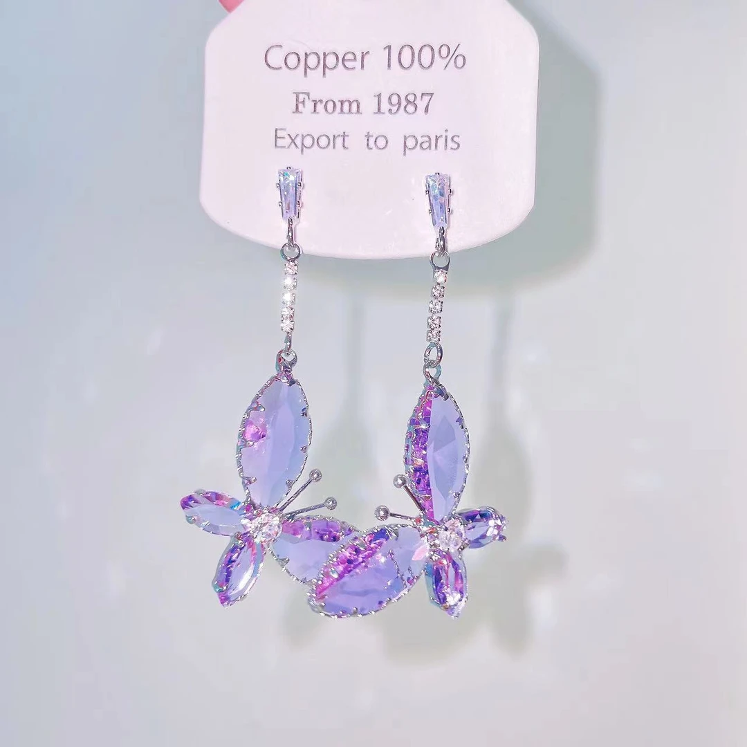 锌合金亚克力耳饰 超仙梦幻轻奢精致浅紫色微镶锆石蝴蝶吊坠耳饰