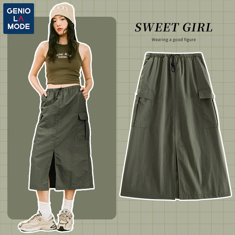 捷尼拉莫前开叉百搭尼龙半身裙女工装休闲2025夏季新款口袋直筒裙