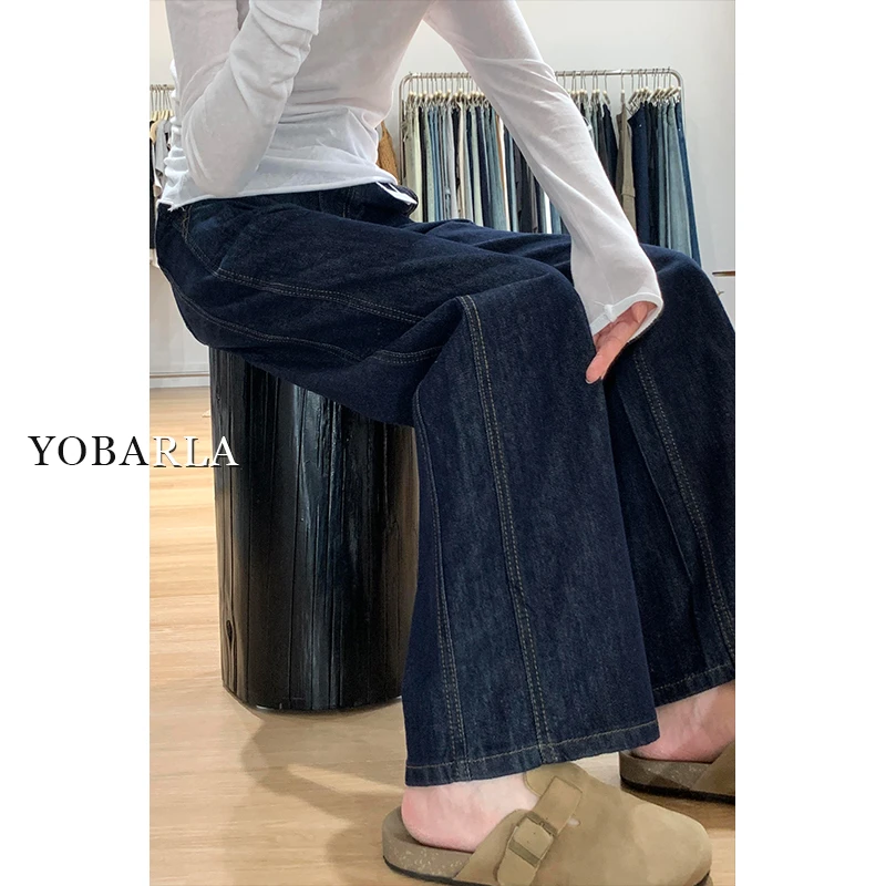 深蓝色牛仔裤女秋冬加绒高腰大码胖mm宽松显瘦梨形身材通勤阔腿裤