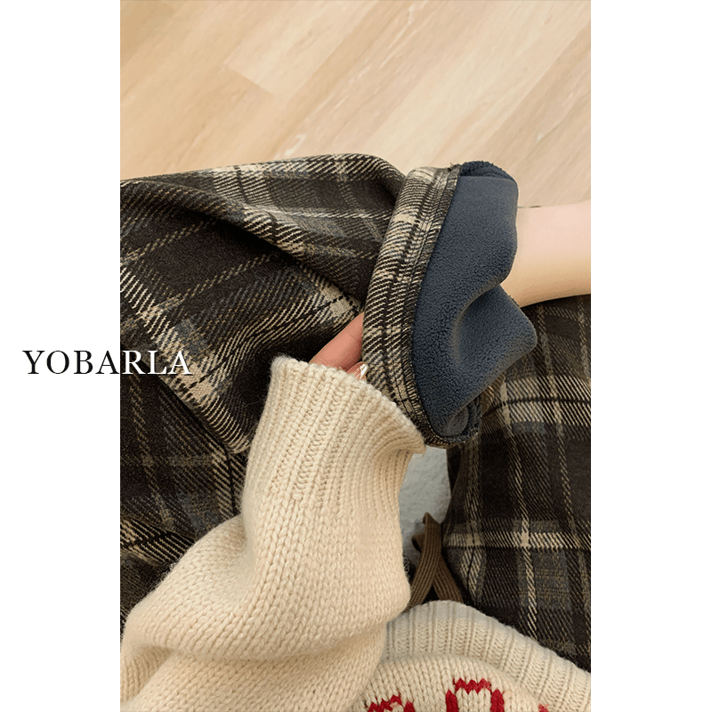 毛呢格纹直筒休闲裤女大码冬季加绒胖mm宽松显瘦梨形身材阔腿裤子