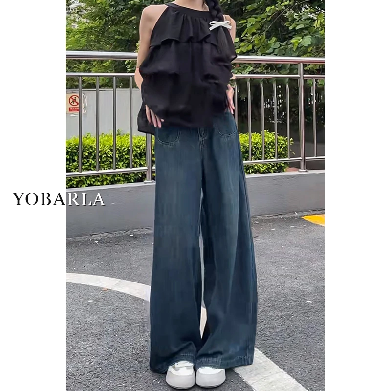 蓝色裤子阔腿牛仔裤女新款高腰大码女士宽松显瘦拖地直筒裤