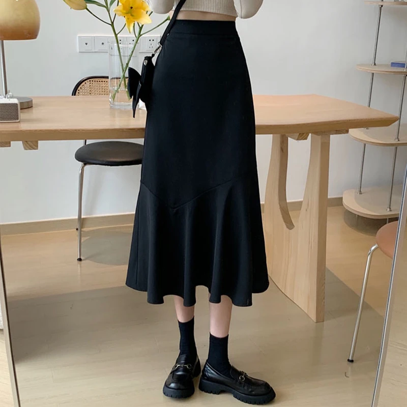 黑色高腰中长款西装半身裙女秋冬新款大码胖mm显瘦a字气质鱼尾裙